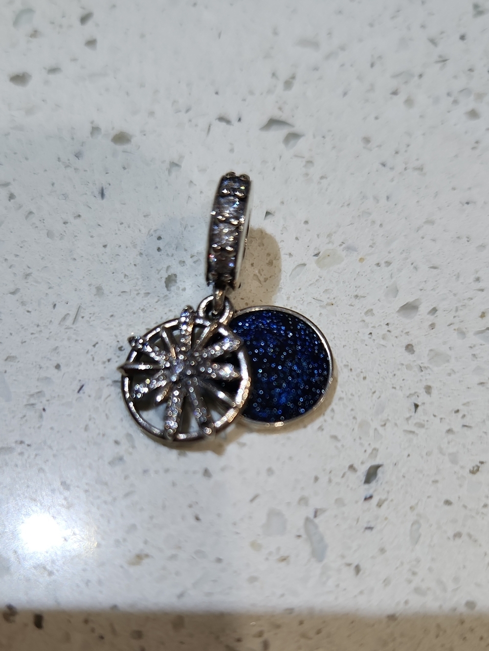 Silver Dangle Charm with Sparkling Blue Disc